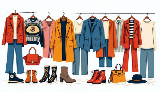 A curated selection of trendy UK fashion outfits and accessories displayed on hangers and shelves, including coats, sweaters, blazers, jeans, boots, handbags, and hats in various colors and styles, highlighting contemporary fashion choices for women.