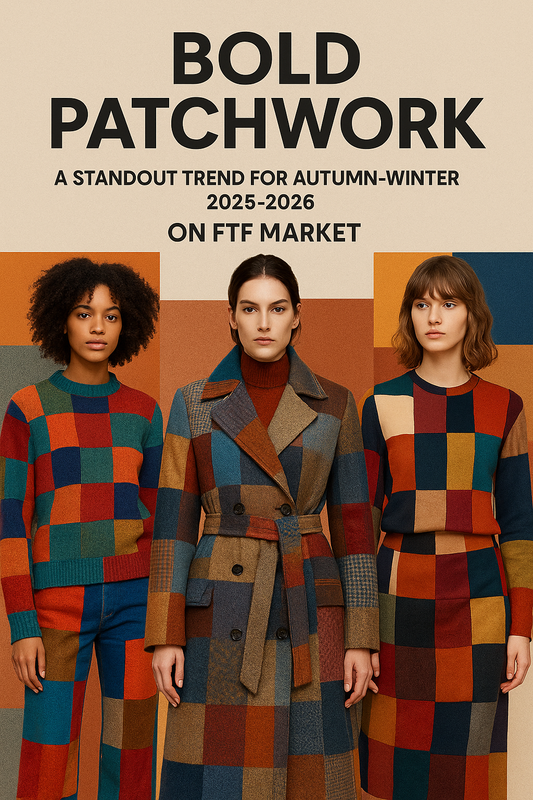 Woman wearing stylish patchwork coat in rich autumn colors, showcasing bold autumn-winter 2025-2026 fashion at FTF Market UK.