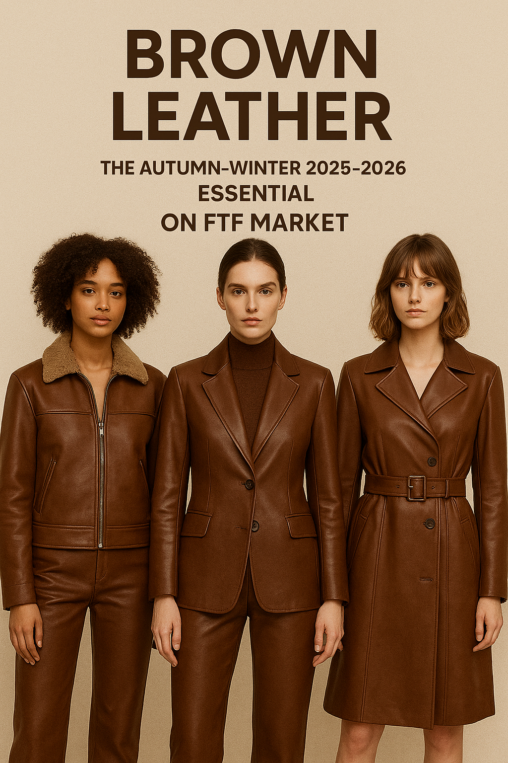 Woman wearing rich brown leather jacket and skirt, showcasing autumn-winter 2025-2026 brown leather fashion at FTF Market UK.