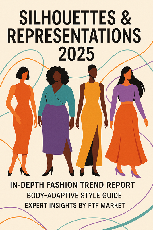 Stylized fashion silhouettes showcasing diverse body shapes with modern 2025 trend-inspired outfits, featuring dynamic lines and vibrant color accents in an elegant minimalist design. Expert guide to body-adaptive styling and new fashion representations.