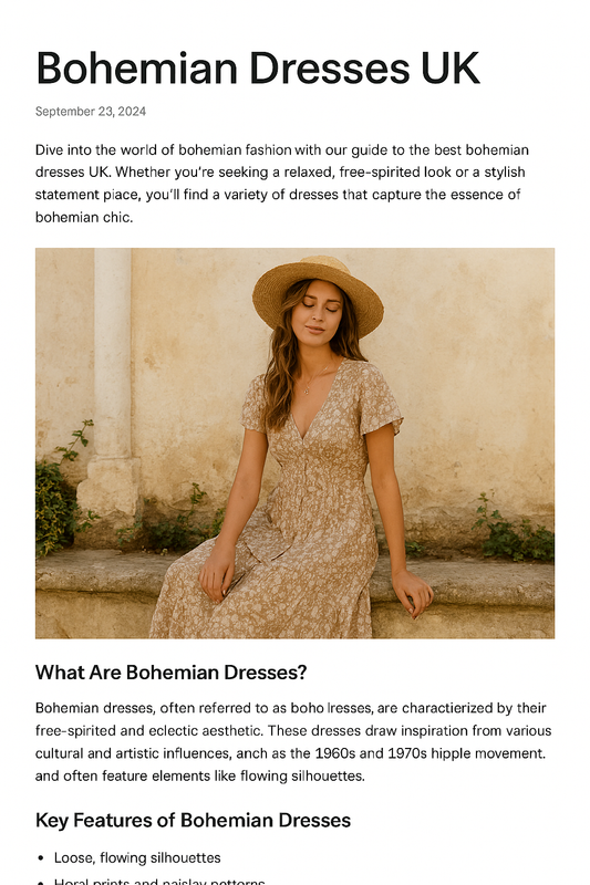 Woman wearing a white bohemian maxi dress in a UK garden with soft sunlight Utilisation : en haut de l’article, pour introduire le style boho dans un cadre naturel