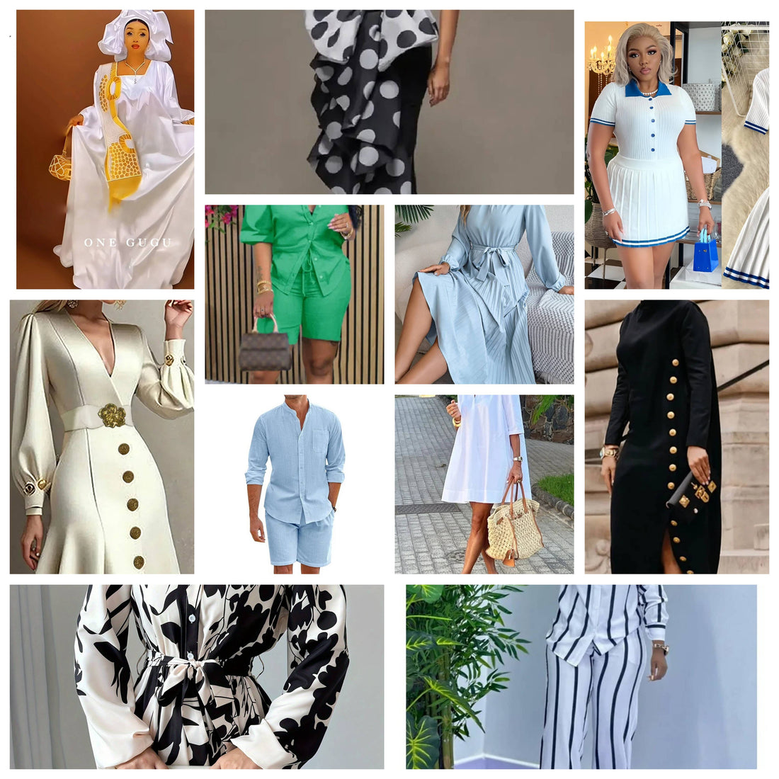 Collage of stylish sustainable fashion outfits including dresses, two-piece sets, and chic casual wear, showcasing modern UK ethical fashion trends for 2025.