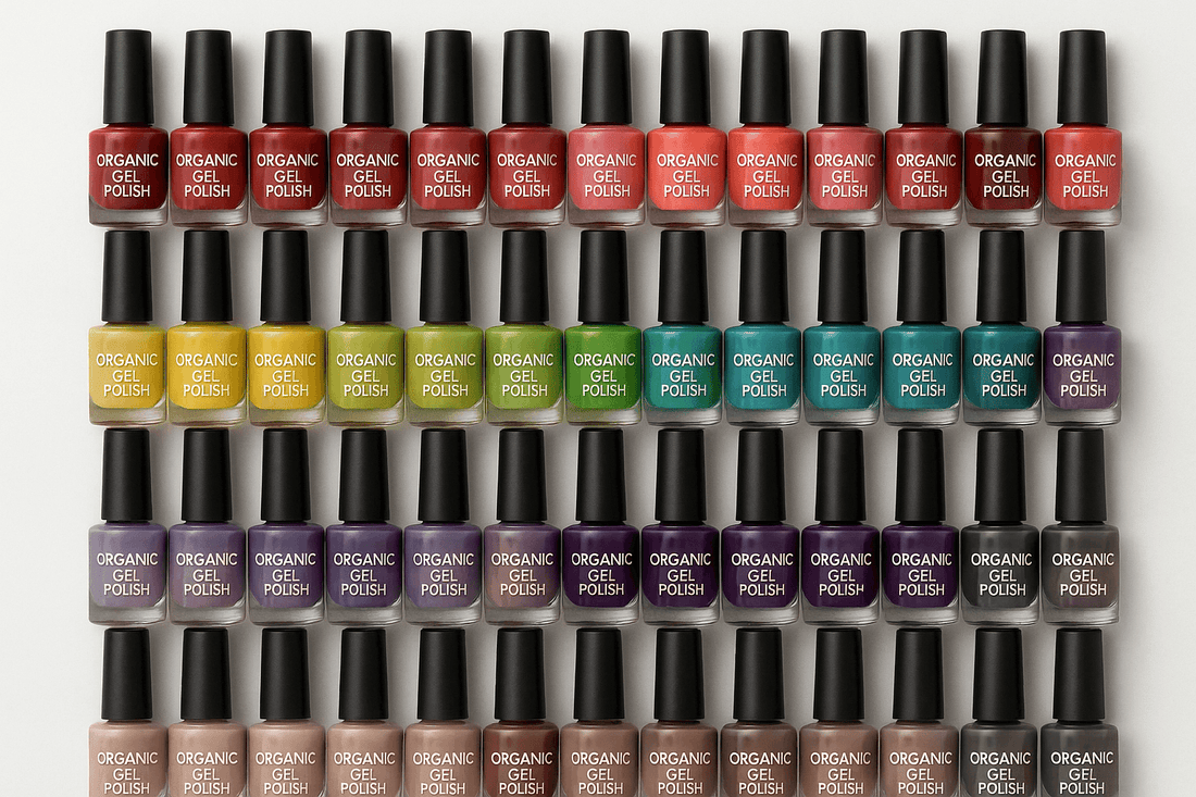 Complete 60 color organic gel polish collection arranged by color family vegan cruelty-free FTF Market