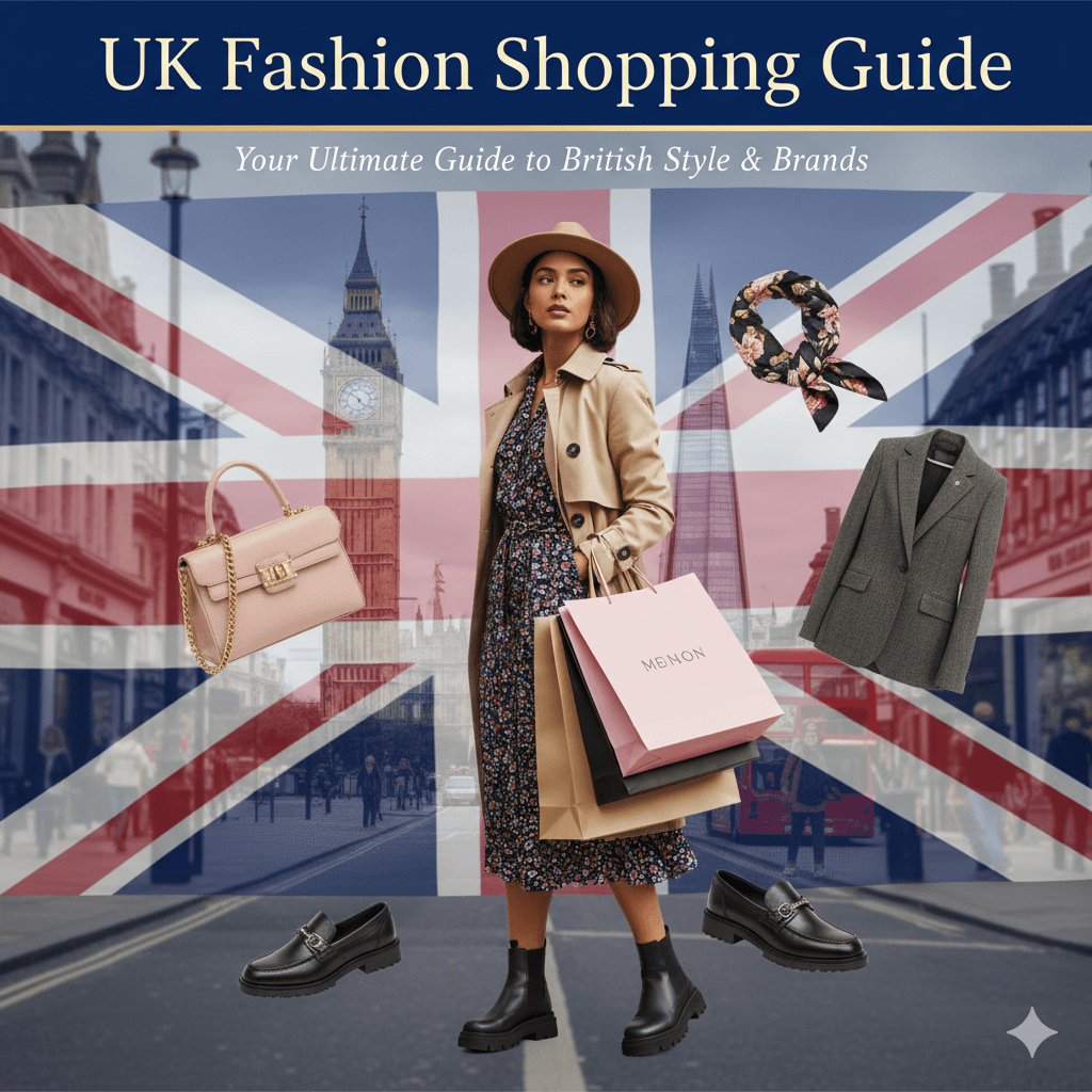 A chic woman in London holding shopping bags, surrounded by fashion accessories and the UK flag. Perfect for a UK fashion shopping guide.