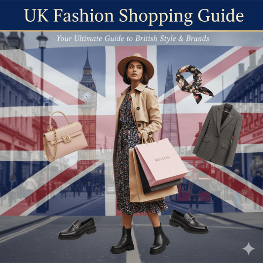 A chic woman in London holding shopping bags, surrounded by fashion accessories and the UK flag. Perfect for a UK fashion shopping guide.
