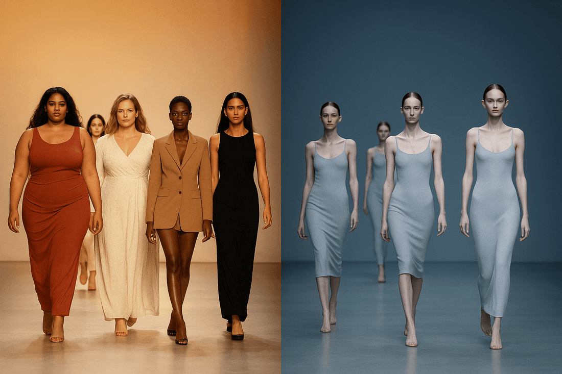 Fashion runway showing the contrast between body diversity decline in 2025 versus inclusive casting in previous years, skinny model controversy.