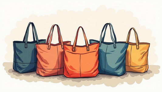 Five colorful customizable tote bags in blue, orange, and yellow — showcasing stylish, eco-friendly designs perfect for personal use or business branding on Ftfmarket.net.