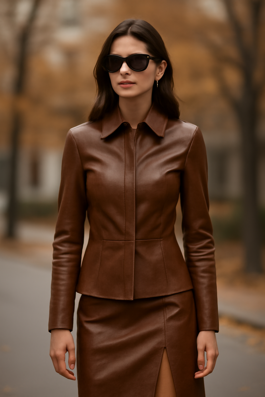 Woman wearing stylish brown leather jacket and skirt, autumn-winter 2025-2026 fashion trend available at FTF Market UK.