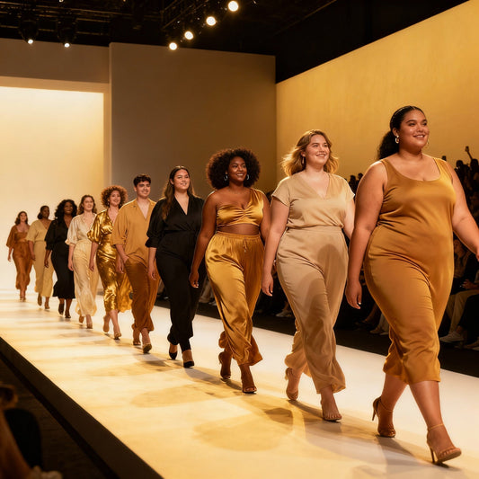 Fashion runway celebrating body diversity and inclusion in 2025, featuring models of varied body types, sizes, and ethnicities walking confidently on a brightly lit, stylish runway in a high-fashion editorial style.