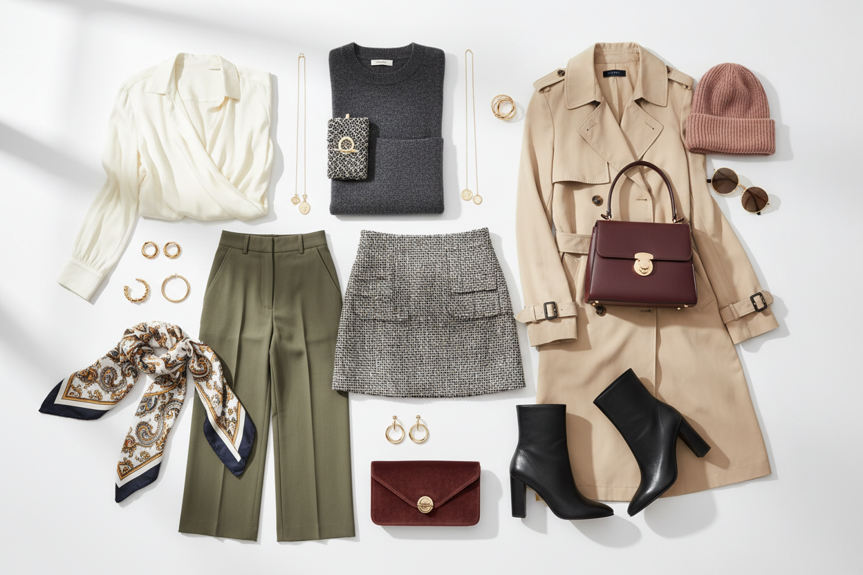 Curated women's fashion bundle UK — blouse, trousers, tweed skirt, trench coat and accessories at FTF Market.