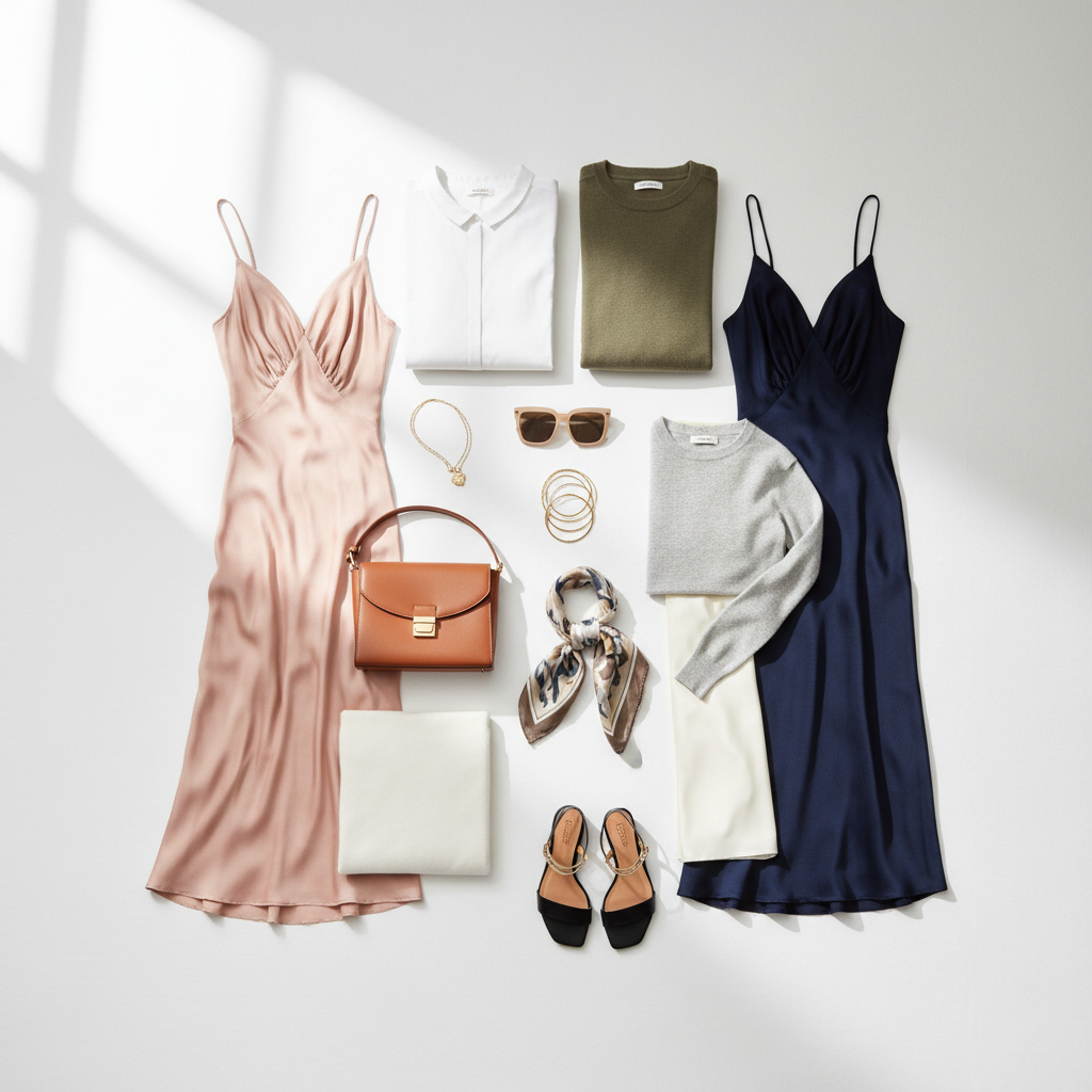 Curated women's fashion collection – elegant dresses, tops and accessories flat lay, FTF Market UK