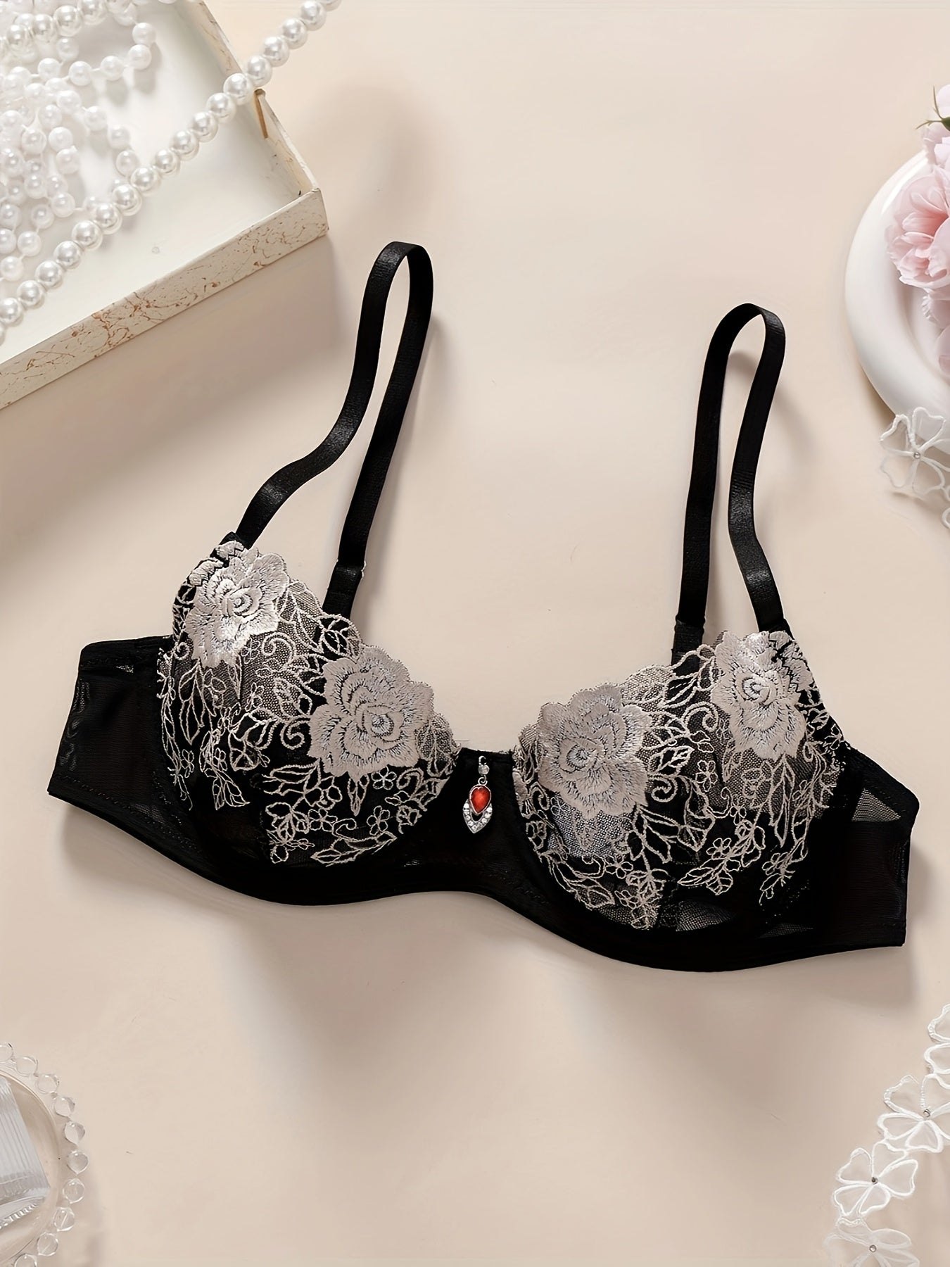 Elegant Black & White Floral Embroidered Lingerie Set featuring a comfortable gauze double-layer bra with a non-padded design and matching thong. Made from polyester and elastane blend, hand washable, and sexy semi-sheer adult ensemble. Perfect for any occasion. Embrace ftf fashion and mode ftf.