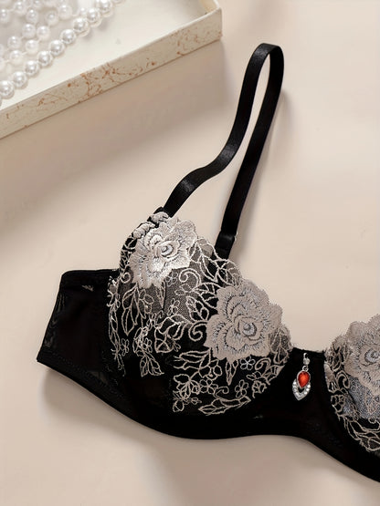 Elegant Black & White Floral Embroidered Lingerie Set featuring a comfortable gauze double-layer bra with a non-padded design and matching thong. Made from polyester and elastane blend, hand washable, and sexy semi-sheer adult ensemble. Perfect for any occasion. Embrace ftf fashion and mode ftf.