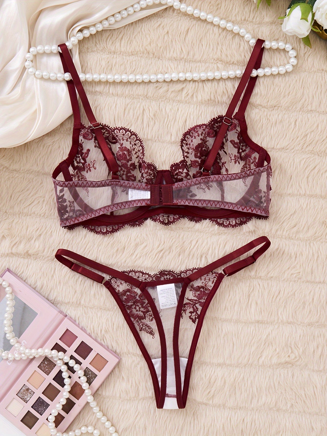 Palace Style Women's Embroidered Underwear Set featuring a thin see-through bra and mesh thong. Breathable and comfortable, made from high-quality materials. Perfect for any occasion. Embrace ftf fashion and mode ftf.