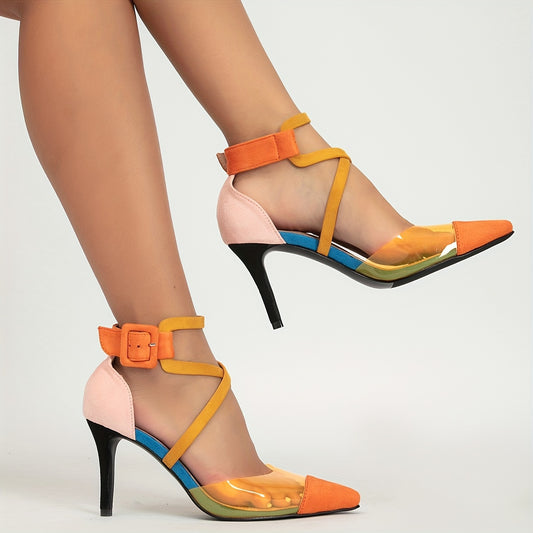 Women's colorblock stiletto heels orange pink blue yellow pointed toe ankle strap FTF Market UK