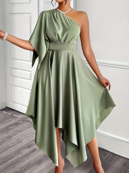 Elegant asymmetrical one-shoulder peplum dress, solid color, high-low midi, ruffle sleeve.