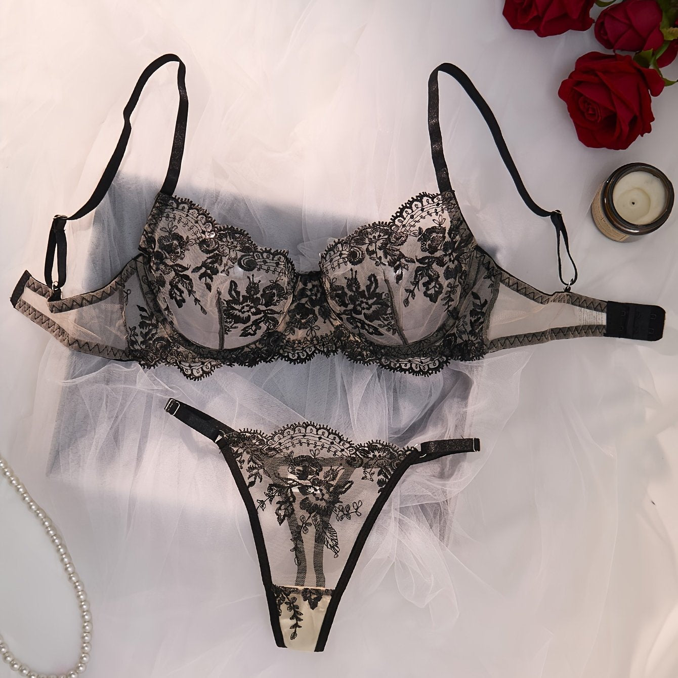 Palace Style Women's Embroidered Underwear Set featuring a thin see-through bra and mesh thong. Breathable and comfortable, made from high-quality materials. Perfect for any occasion. Embrace ftf fashion and mode ftf.