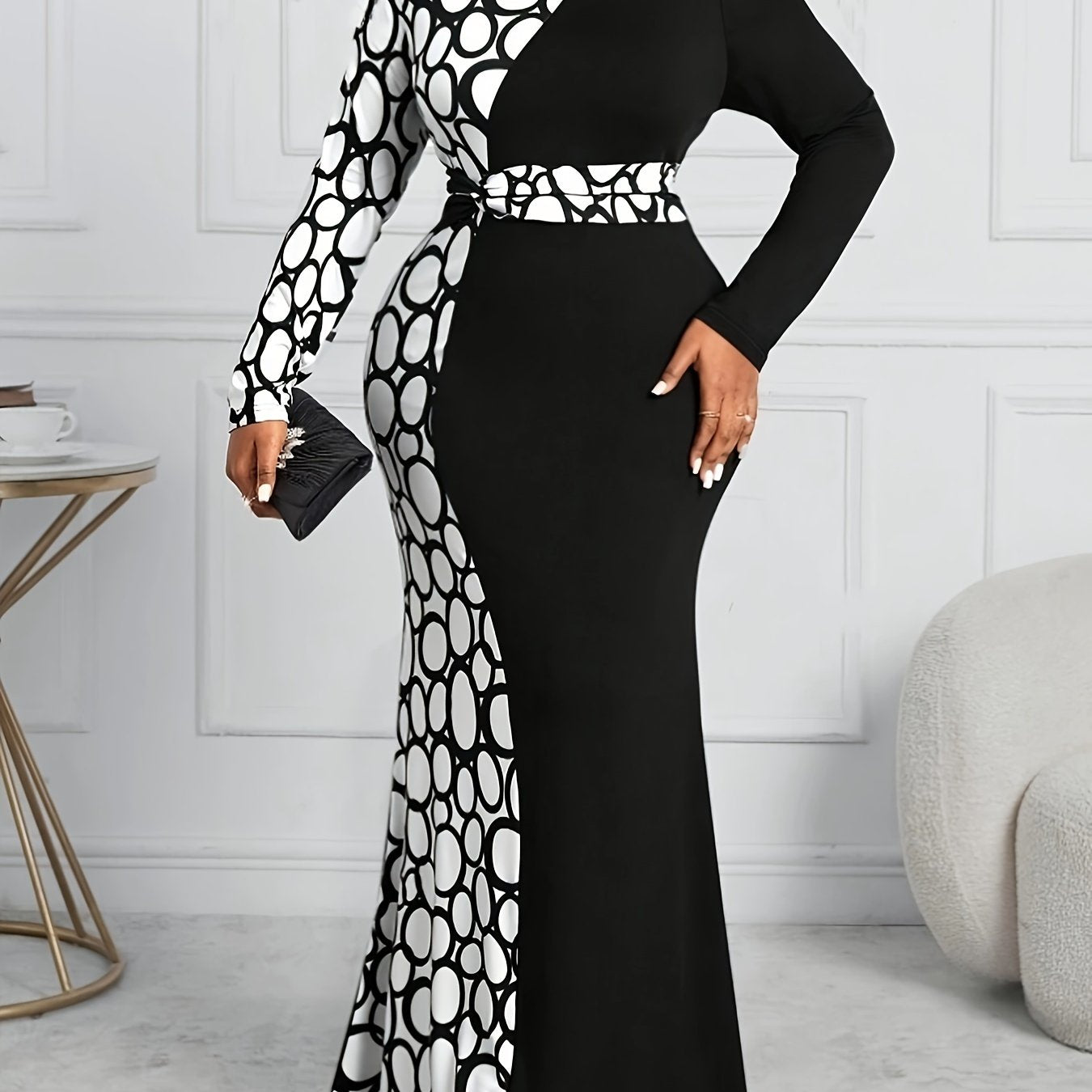 Plus Size Geo Print Color Block Dress with Long Sleeves and V-Neck for Women's Elegant Wear