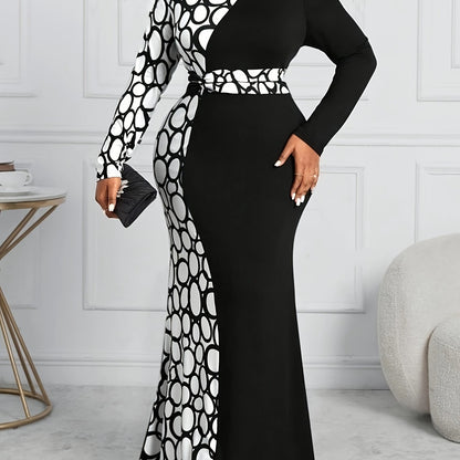 Plus Size Geo Print Color Block Dress with Long Sleeves and V-Neck for Women's Elegant Wear