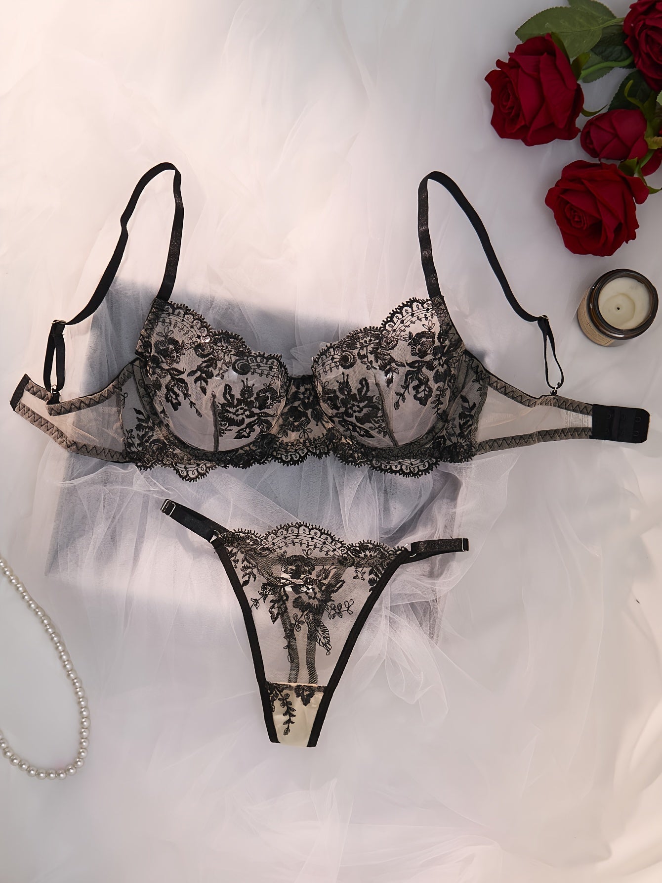 Palace Style Women's Embroidered Underwear Set featuring a thin see-through bra and mesh thong. Breathable and comfortable, made from high-quality materials. Perfect for any occasion. Embrace ftf fashion and mode ftf.