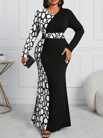 Plus Size Geo Print Color Block Dress with Long Sleeves and V-Neck for Women's Elegant Wear