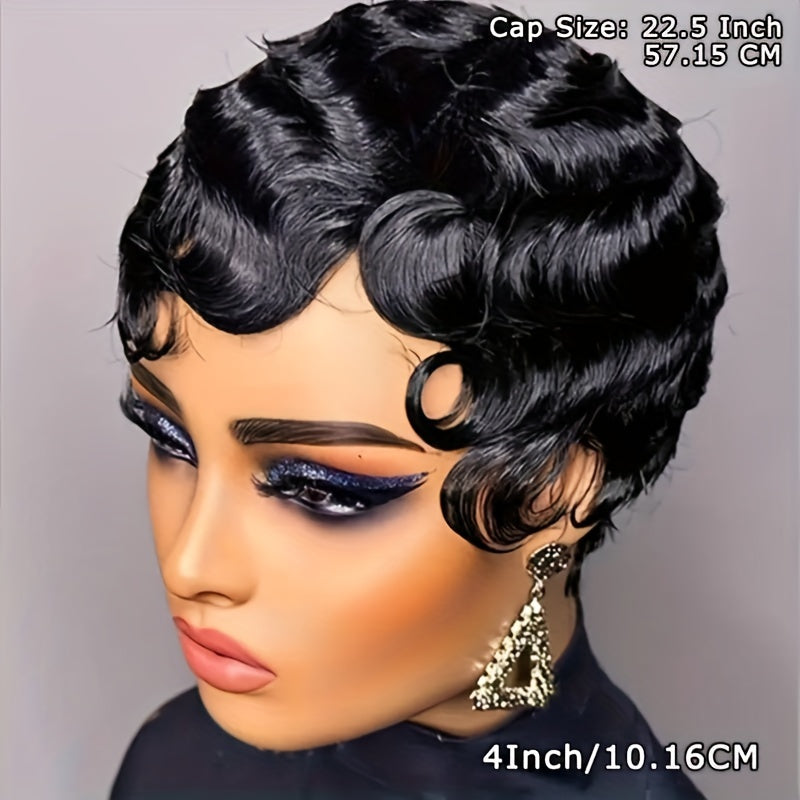 Chic 4-Inch Deep Wave Pixie Cut Wig for Women, 180% density Remy human hair, natural hairline, machine-made, no-glue needed, ftf fashion