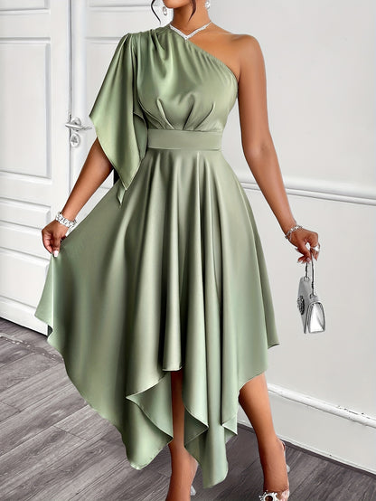 Elegant asymmetrical one-shoulder peplum dress, solid color, high-low midi, ruffle sleeve.