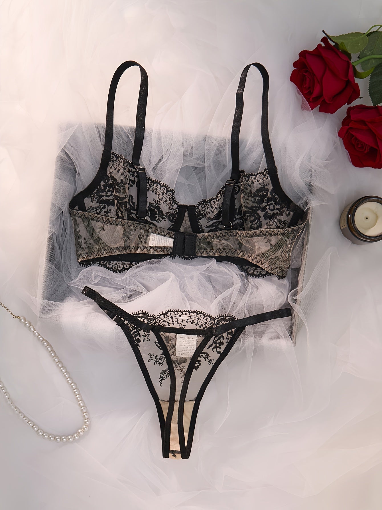 Palace Style Women's Embroidered Underwear Set featuring a thin see-through bra and mesh thong. Breathable and comfortable, made from high-quality materials. Perfect for any occasion. Embrace ftf fashion and mode ftf.