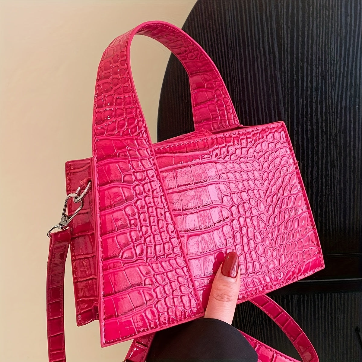 1pc Fashionable Crocodile Pattern Faux Leather Handbag for Women, solid color, shoulder bag, magnetic closure, polyester lined, edge paint detail, ftf fashion