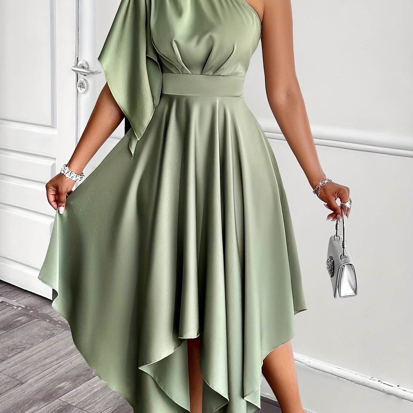 Elegant asymmetrical one-shoulder peplum dress, solid color, high-low midi, ruffle sleeve.