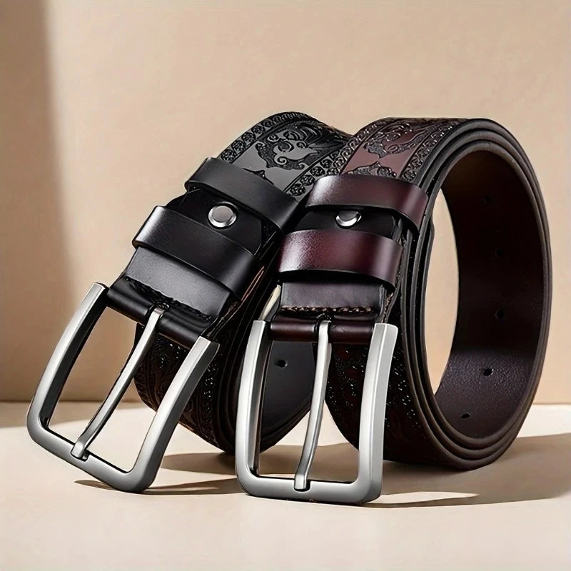 Two leather belts with silver buckles on a beige background. Genuine split leather belt with retro western style and alloy buckle. Durable, stylish unisex belt for casual wear. Fast UK shipping.