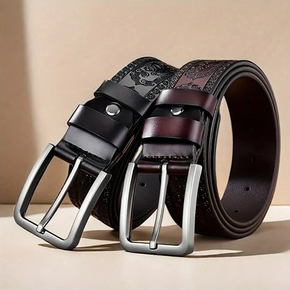 Two leather belts with silver buckles on a beige background. Genuine split leather belt with retro western style and alloy buckle. Durable, stylish unisex belt for casual wear. Fast UK shipping.