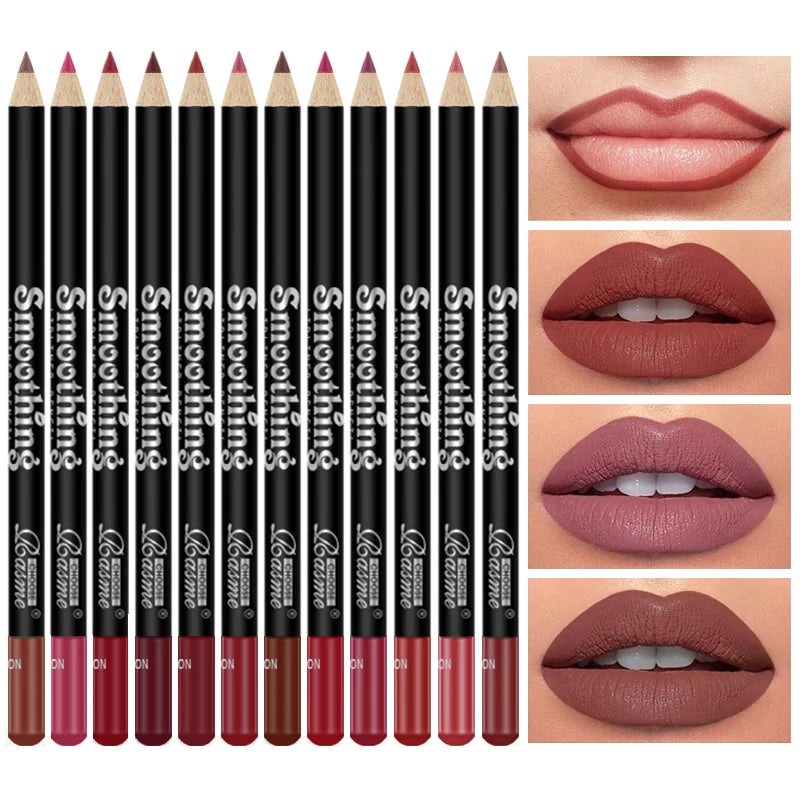 Set of lip pencils with color swatches on a white background. 12 pcs UK matte lipstick and liner set—velvet, long-lasting, vibrant, professional cosmetic gift for women, Valentine’s, travel beauty kit.