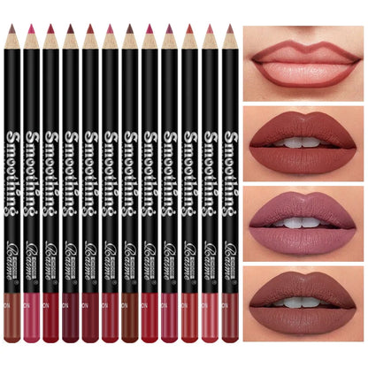 Set of lip pencils with color swatches on a white background. 12 pcs UK matte lipstick and liner set—velvet, long-lasting, vibrant, professional cosmetic gift for women, Valentine’s, travel beauty kit.