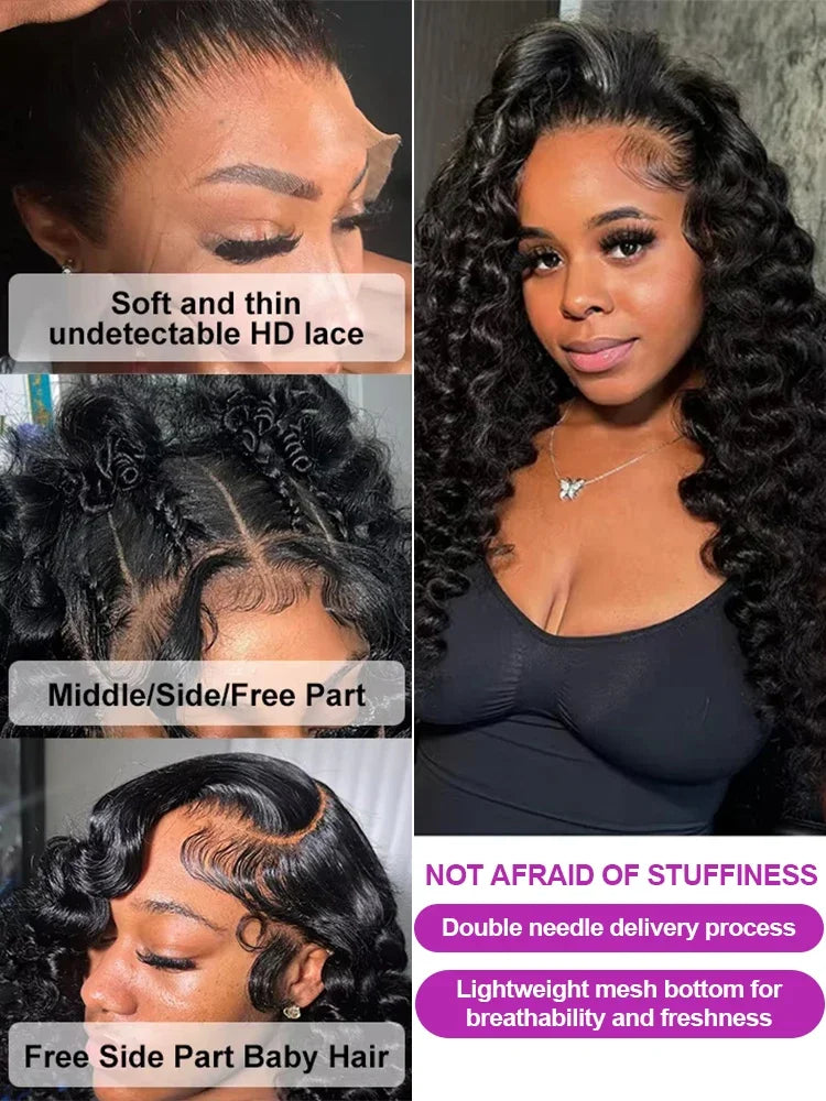 Deep Wave Lace Front Wig – Soft Undetectable HD Lace, Middle Side Free Part & Baby Hair