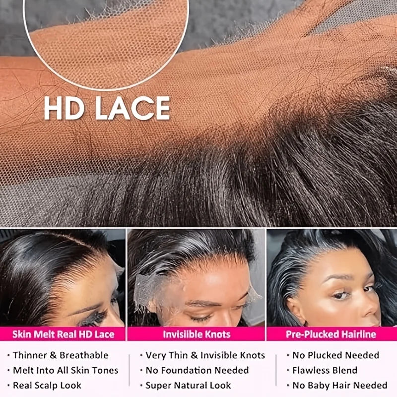 Close-up of HD lace hair product with text highlighting features and benefits.
