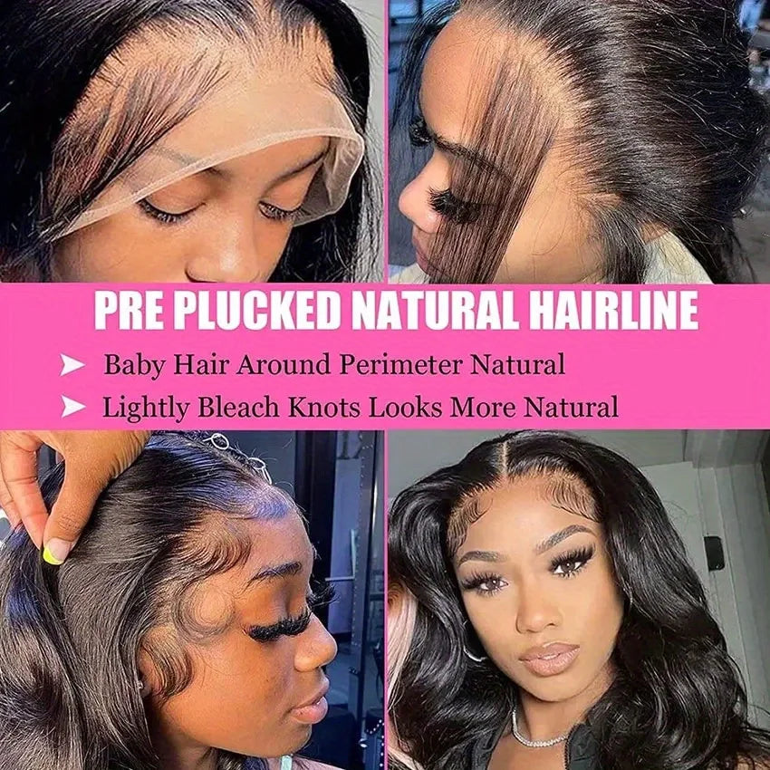 Four-panel collage showing a woman wearing a pre-plucked lace wig with natural-looking hairlines and defined curls. A pink text banner across the center reads 'PRE PLUCKED NATURAL HAIRLINE' with bullet points about baby hair around the perimeter and lightly bleached knots.