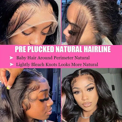Four-panel collage showing a woman wearing a pre-plucked lace wig with natural-looking hairlines and defined curls. A pink text banner across the center reads 'PRE PLUCKED NATURAL HAIRLINE' with bullet points about baby hair around the perimeter and lightly bleached knots.