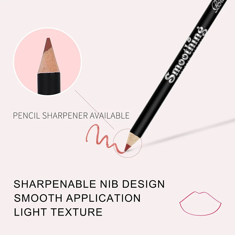 Makeup pencil with sharpenable nib design on a light pink background. 12 pcs UK matte lipstick and liner set—velvet, long-lasting, vibrant, professional cosmetic gift for women, Valentine’s, travel beauty kit.