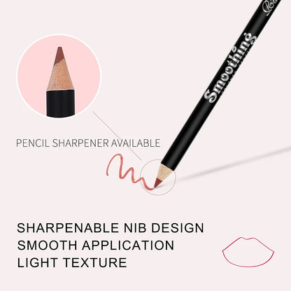 Makeup pencil with sharpenable nib design on a light pink background. 12 pcs UK matte lipstick and liner set—velvet, long-lasting, vibrant, professional cosmetic gift for women, Valentine’s, travel beauty kit.