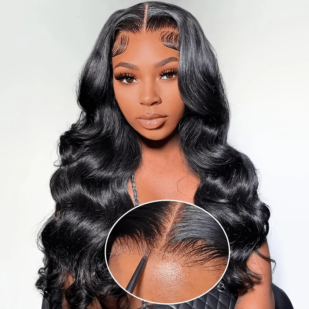 Woman with styled hair and close-up of hairline on a white background