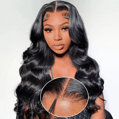 Woman with styled hair and close-up of hairline on a white background