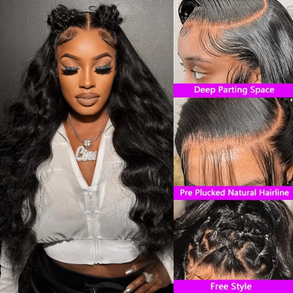 A collage showing a woman wearing a long, black, deep-wave lace front wig, with three inset close-up views highlighting the deep parting space, pre-plucked natural hairline, and free style texture. Text labels on the right panels read 'Deep Parting Space', 'Pre Plucked Natural Hairline', and 'Free Style'.