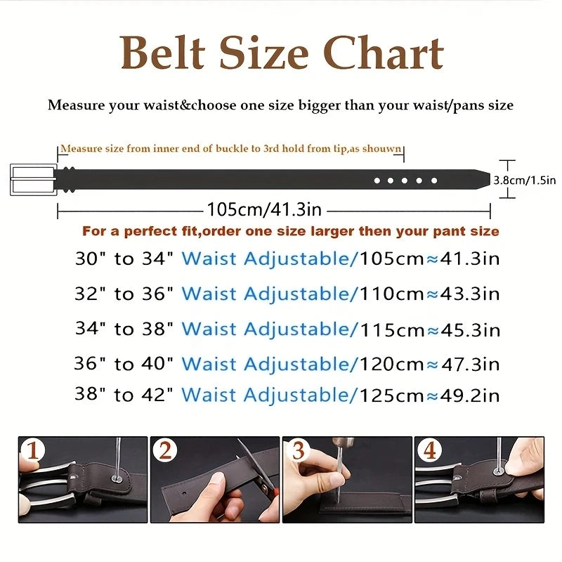 Belt size chart with measurements and instructions on how to measure waist size for a perfect fit. Genuine split leather belt with retro western style and alloy buckle. Durable, stylish unisex belt for casual wear. Fast UK shipping.