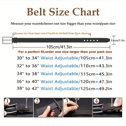 Belt size chart with measurements and instructions on how to measure waist size for a perfect fit. Genuine split leather belt with retro western style and alloy buckle. Durable, stylish unisex belt for casual wear. Fast UK shipping.