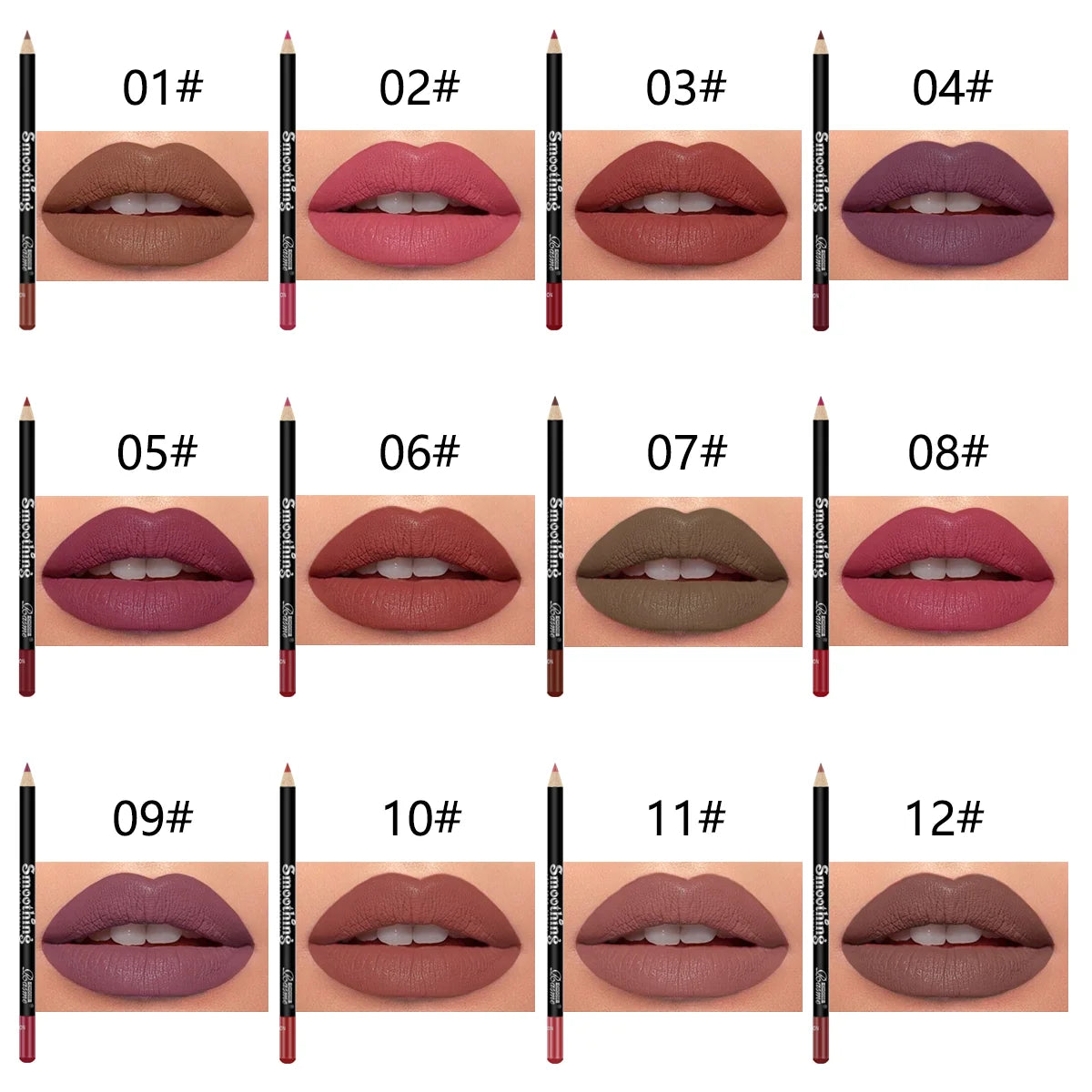 Lipstick shades displayed on a model with corresponding color codes. 12 pcs UK matte lipstick and liner set—velvet, long-lasting, vibrant, professional cosmetic gift for women, Valentine’s, travel beauty kit.