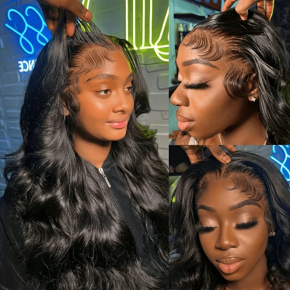 Three-panel collage showing a model wearing a long, wavy black lace-front wig. The left panel shows the model from the front, the top-right shows a side profile view, and the bottom-right shows a close-up of the hairline and part of the face.
