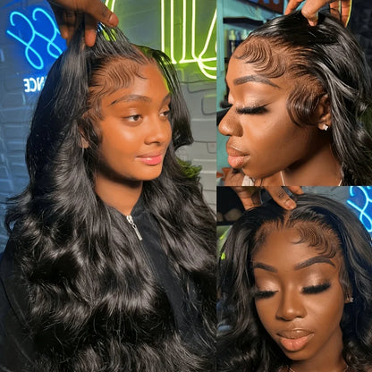 Three-panel collage showing a model wearing a long, wavy black lace-front wig. The left panel shows the model from the front, the top-right shows a side profile view, and the bottom-right shows a close-up of the hairline and part of the face.