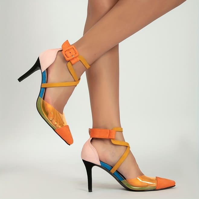 Colorblock stiletto pointed ankle flannel heels FTF Market UK