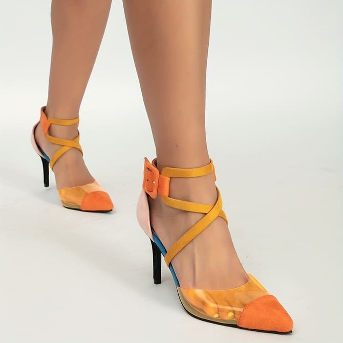 Colorblock stiletto pointed ankle flannel heels FTF Market UK